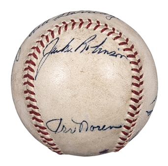 Incredible 1953 World Series(Dodgers vs Yankees) Game Used and Multi-Signed OAL Harridge Baseball With 11 Signatures Including  Robinson and Mantle (Beckett and Mears LOAs)
